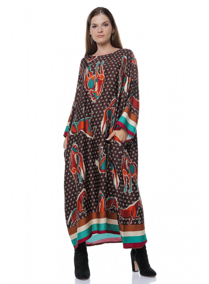 Rochie Luna, lunga, maro, cu imprimeu